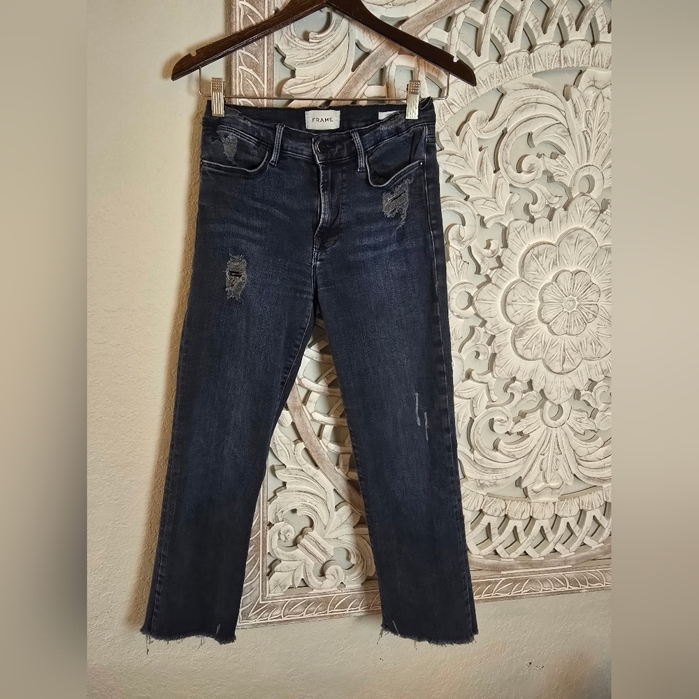 Frame Women's Le High Straight Blue Classic Denim Jeans 27 Stretch Distressed